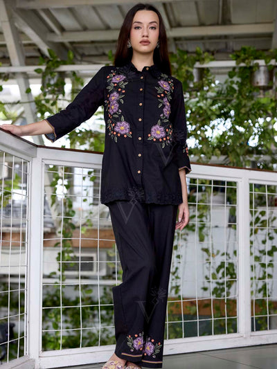 Black Embroidered Cotton Co-Ord Set