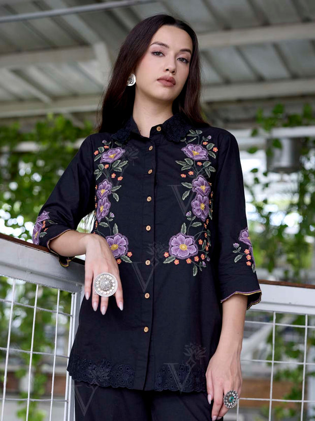Black Embroidered Cotton Co-Ord Set