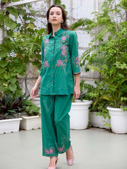 Green Embroidered Cotton Co-Ord Set