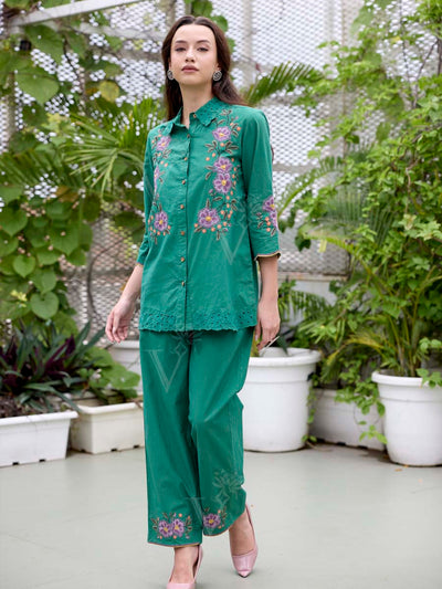 Green Embroidered Cotton Co-Ord Set