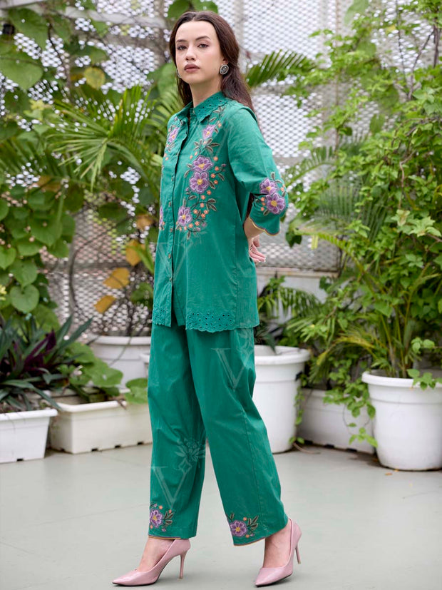 Green Embroidered Cotton Co-Ord Set