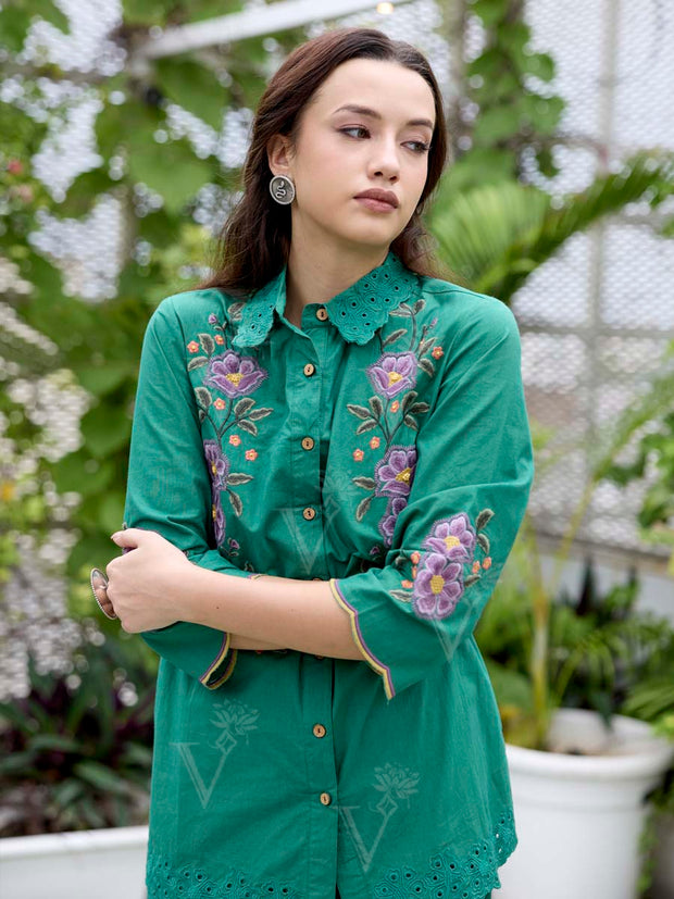 Green Embroidered Cotton Co-Ord Set