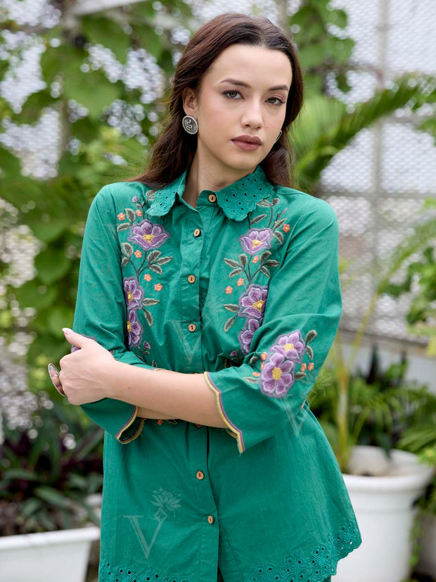 Green Embroidered Cotton Co-Ord Set