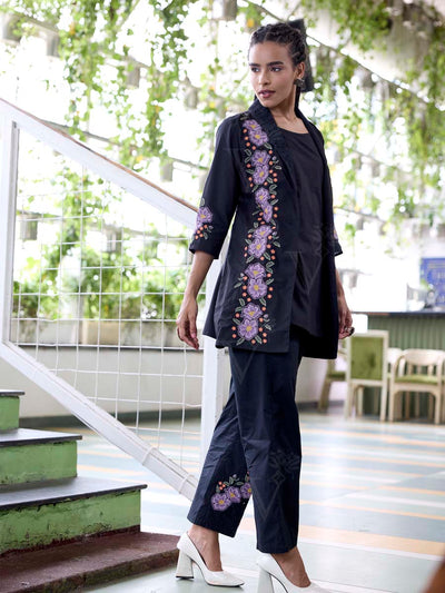 Black Embroidered Cotton Kurta Set