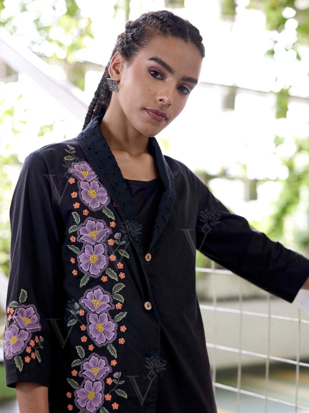 Black Embroidered Cotton Kurta Set