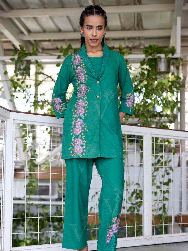 Green Embroidered Cotton Kurta Set