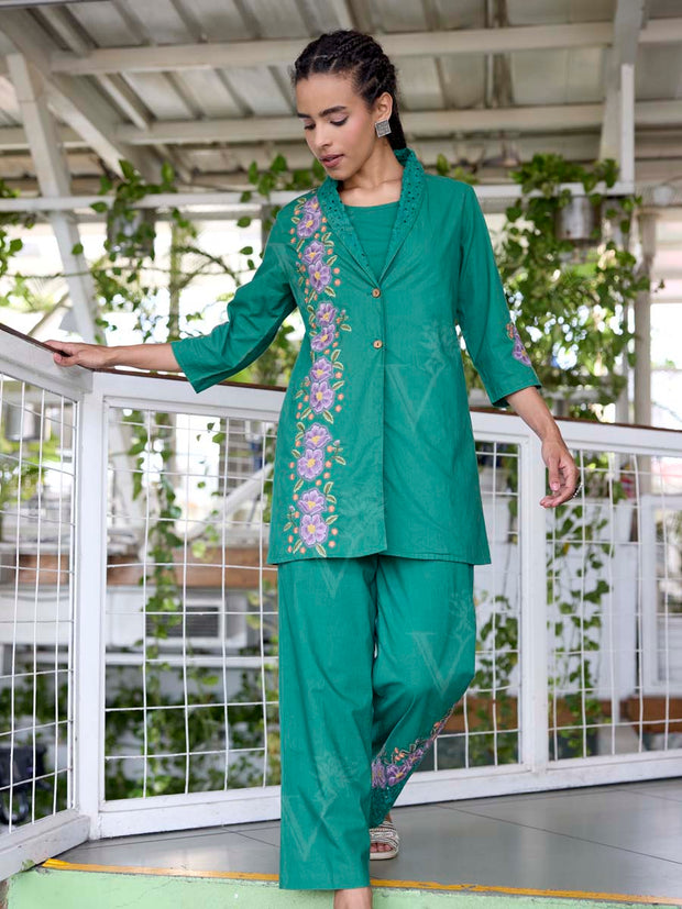 Green Embroidered Cotton Kurta Set