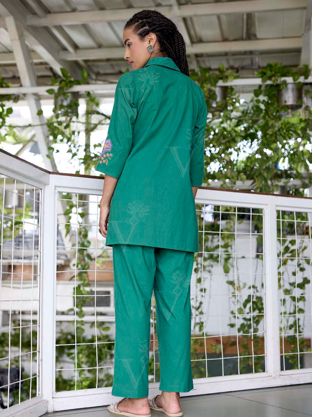 Green Embroidered Cotton Kurta Set