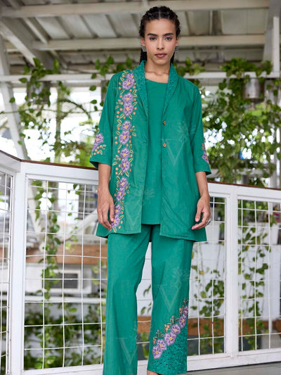 Green Embroidered Cotton Kurta Set