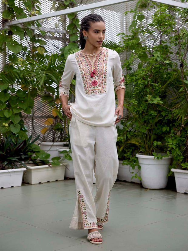 Off-White Embroidered Cotton Co-Ord Set