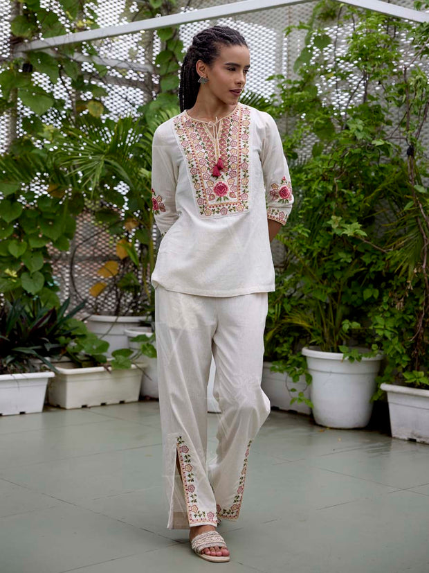 Off-White Embroidered Cotton Co-Ord Set