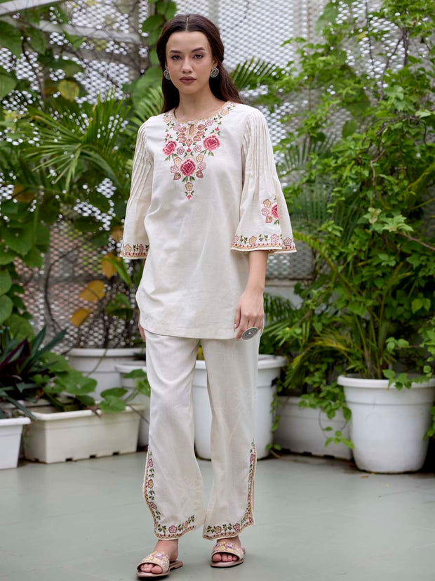 Off-White Embroidered Cotton Co-Ord Set