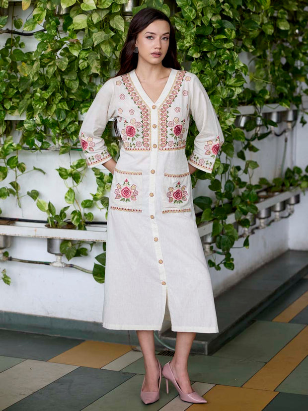Off White Embroidered Cotton Dress
