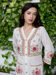 Off White Embroidered Cotton Dress