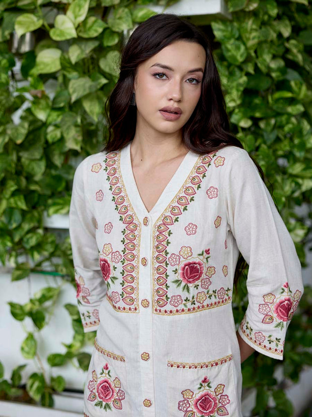 Off White Embroidered Cotton Dress