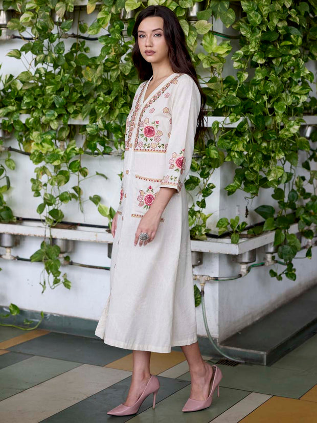 Off White Embroidered Cotton Dress
