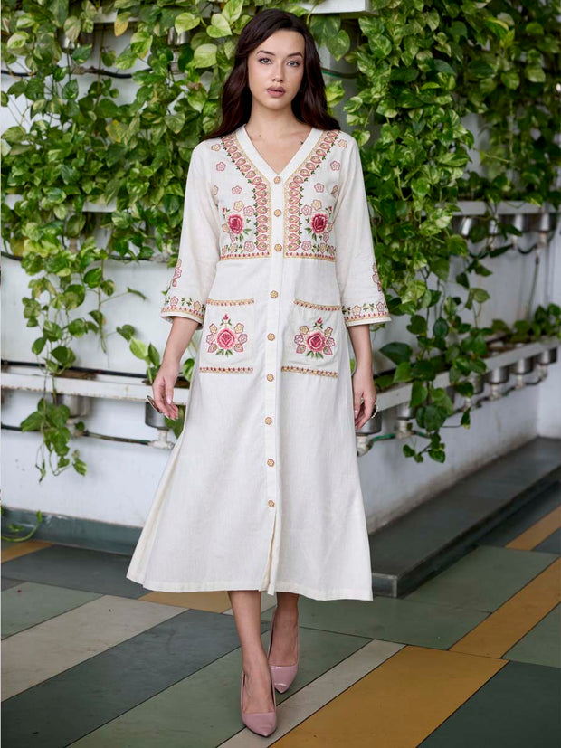 Off White Embroidered Cotton Dress