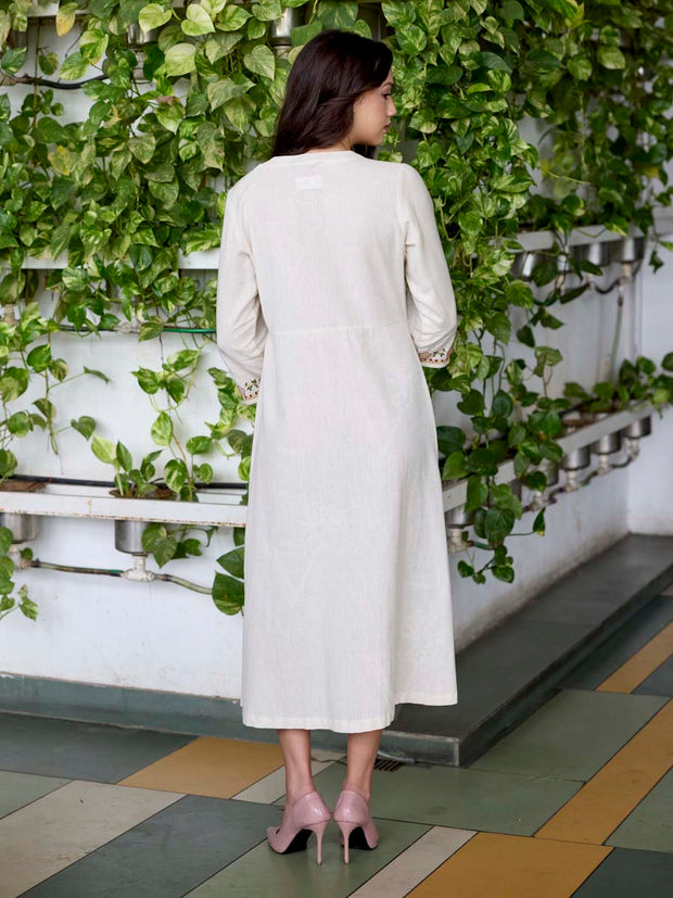 Off White Embroidered Cotton Dress
