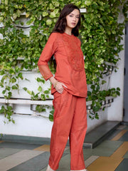 Orange Embroidered Cotton Co-Ord Set