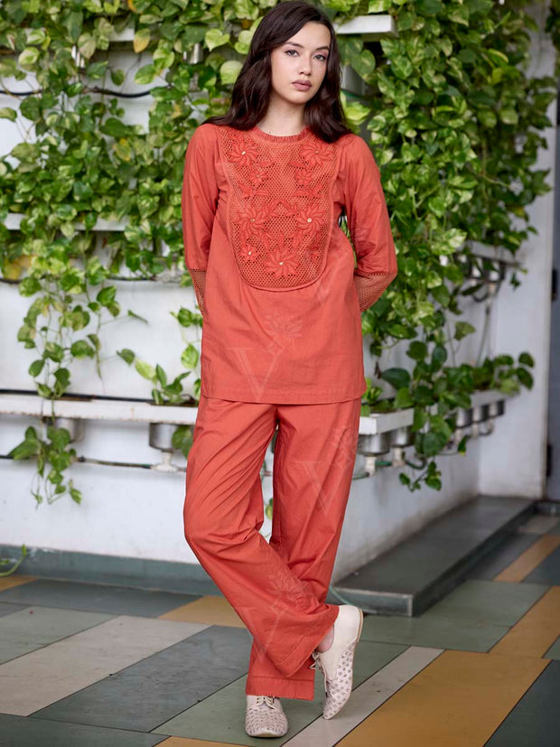 Orange Embroidered Cotton Co-Ord Set