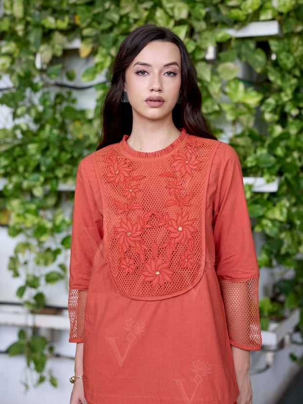 Orange Embroidered Cotton Co-Ord Set