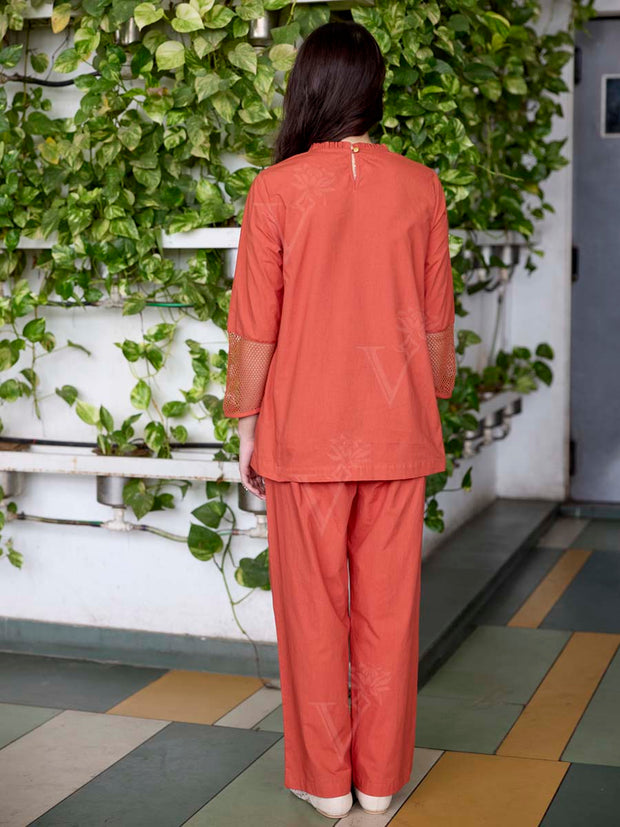 Orange Embroidered Cotton Co-Ord Set
