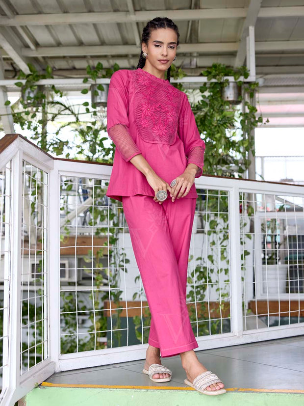 Pink Embroidered Cotton Co-Ord Set