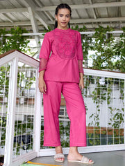 Pink Embroidered Cotton Co-Ord Set