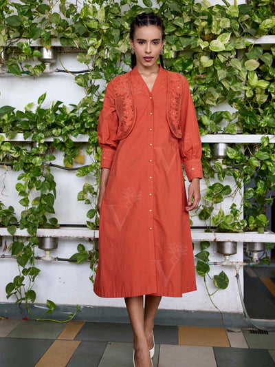 Orange Embroidered Cotton Dress