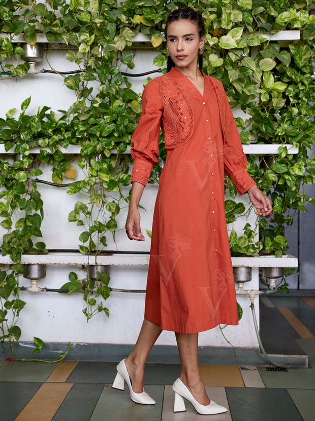 Orange Embroidered Cotton Dress