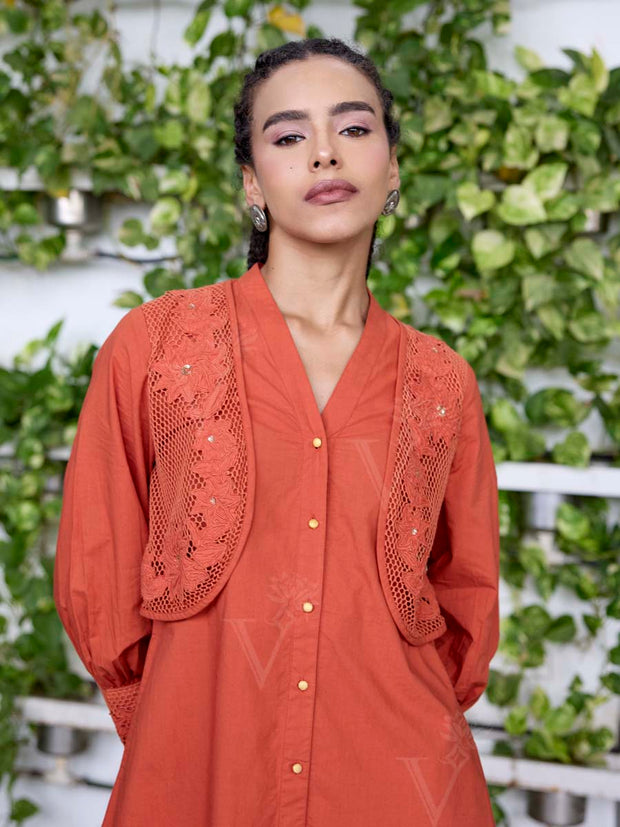 Orange Embroidered Cotton Dress