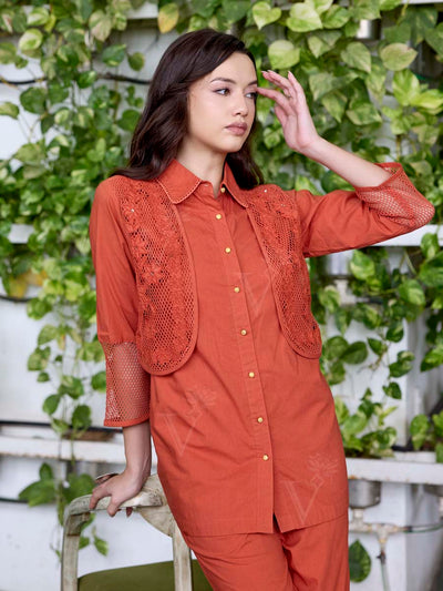Orange Embroidered Cotton Co-Ord Set