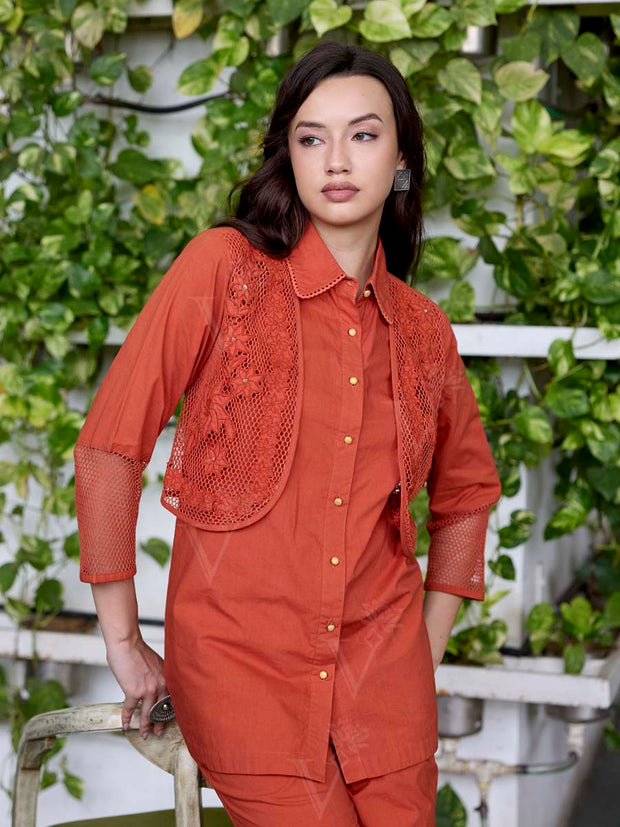 Orange Embroidered Cotton Co-Ord Set
