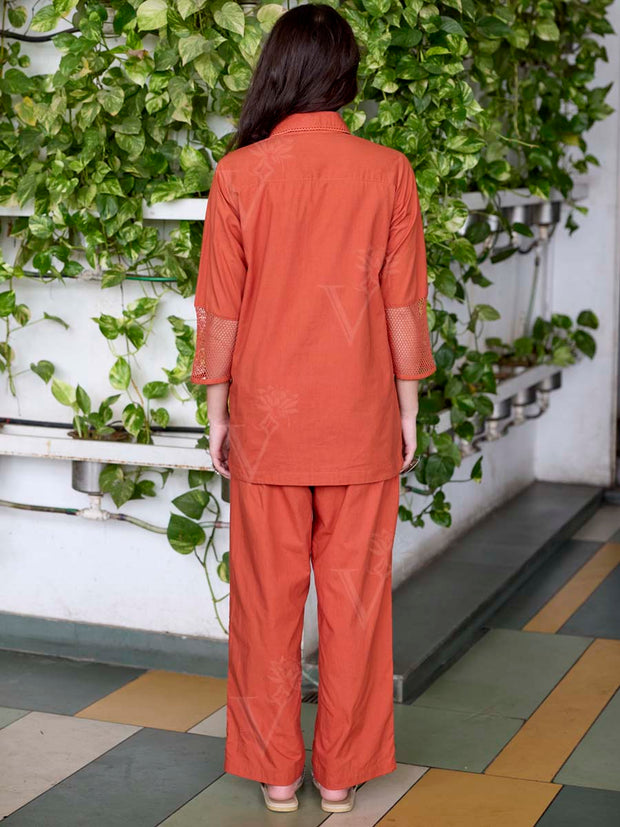 Orange Embroidered Cotton Co-Ord Set