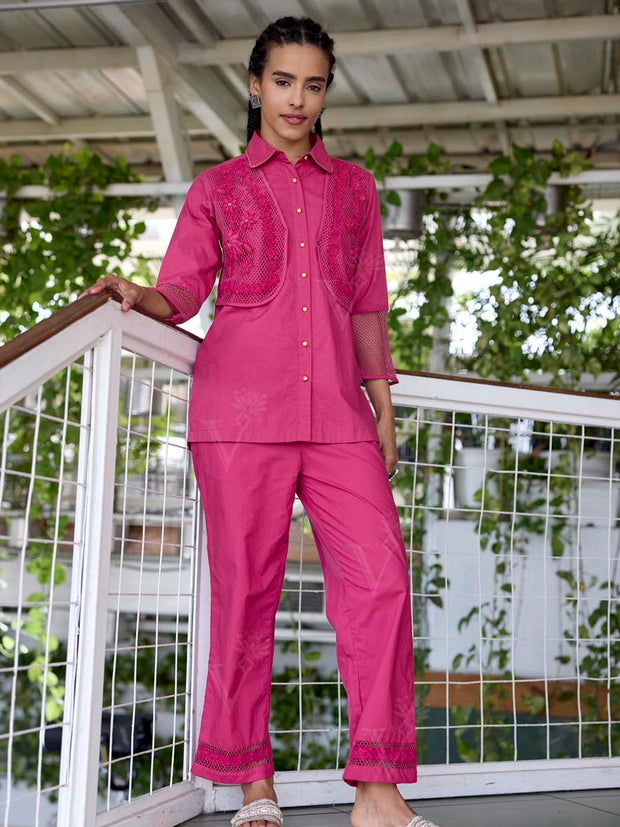 Pink Embroidered Cotton Co-Ord Set