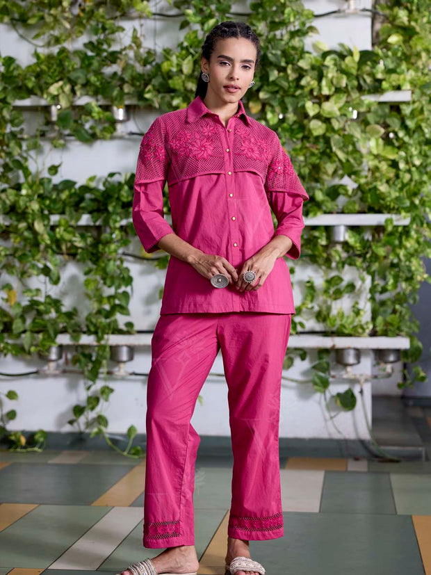 Pink Embroidered Cotton Co-Ord Set