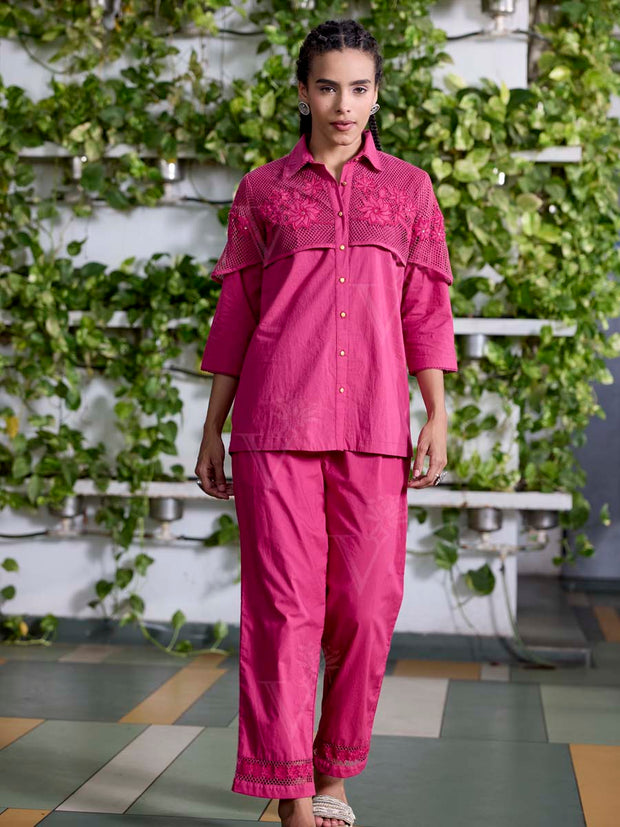 Pink Embroidered Cotton Co-Ord Set