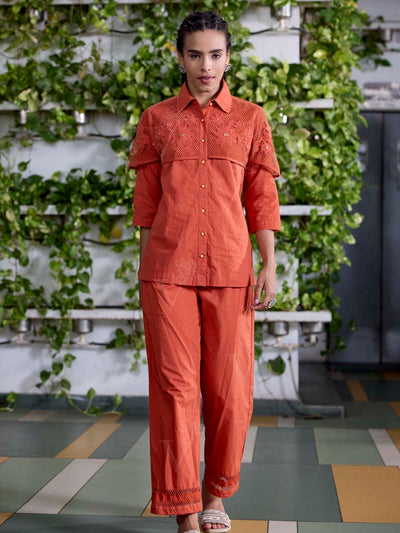 Orange Embroidered Cotton Co-Ord Set