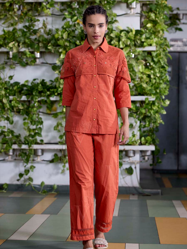 Orange Embroidered Cotton Co-Ord Set
