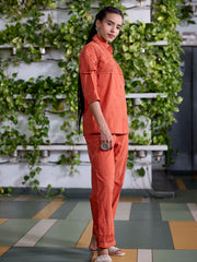 Orange Embroidered Cotton Co-Ord Set