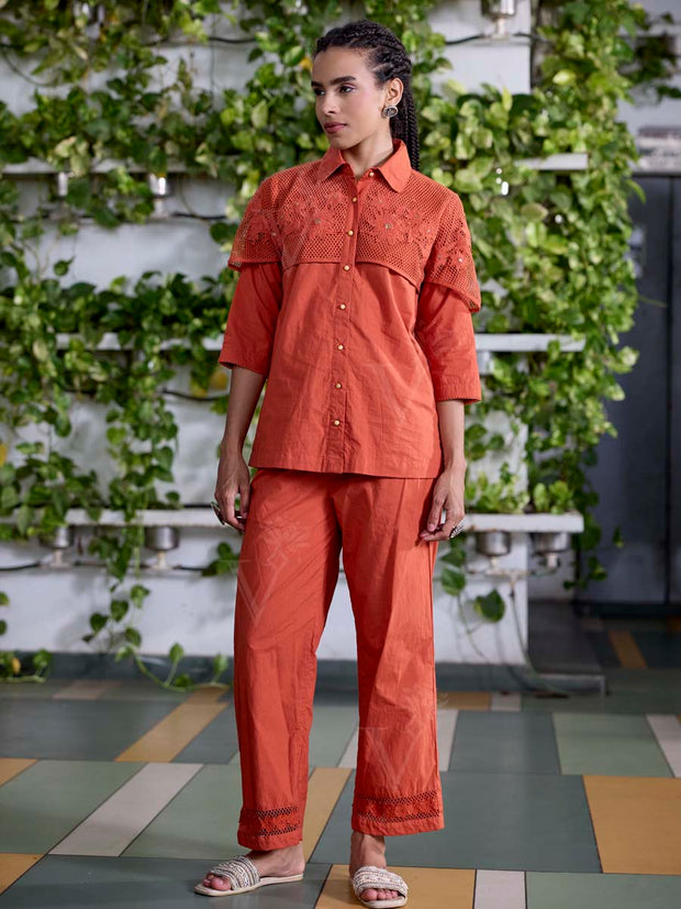 Orange Embroidered Cotton Co-Ord Set
