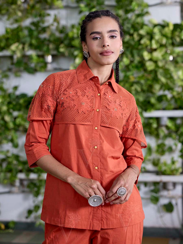 Orange Embroidered Cotton Co-Ord Set