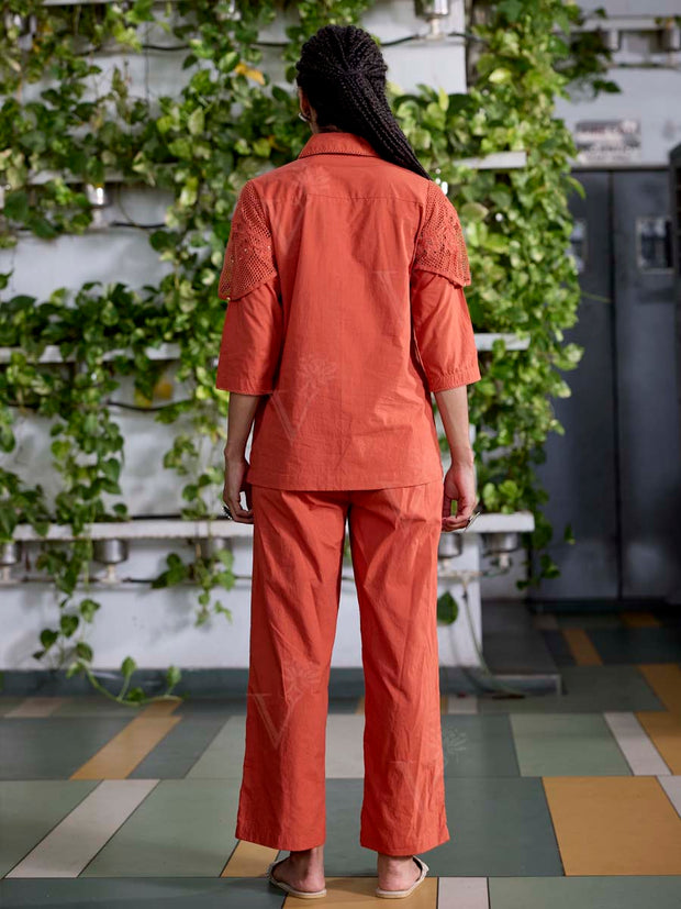 Orange Embroidered Cotton Co-Ord Set