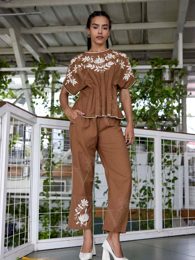 Brown Embroidered Cotton Co-Ord Set