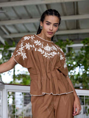 Brown Embroidered Cotton Co-Ord Set