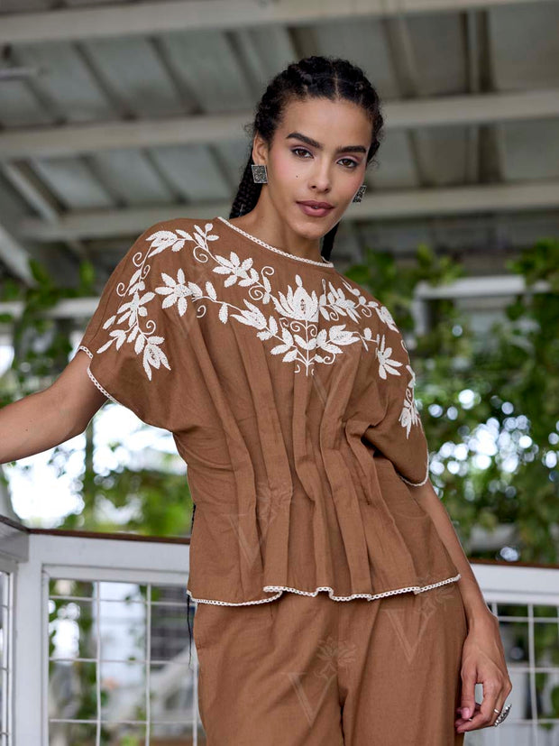 Brown Embroidered Cotton Co-Ord Set