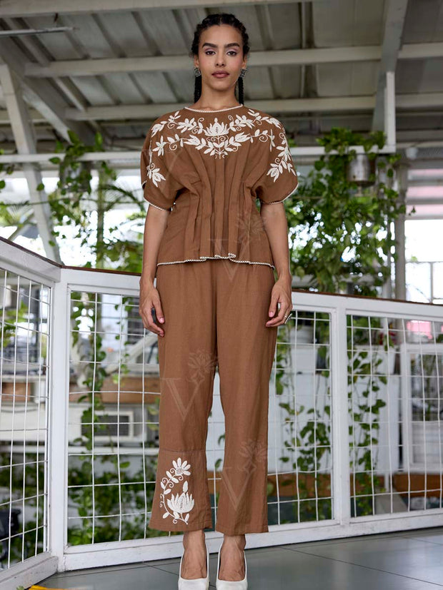 Brown Embroidered Cotton Co-Ord Set