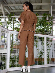 Brown Embroidered Cotton Co-Ord Set