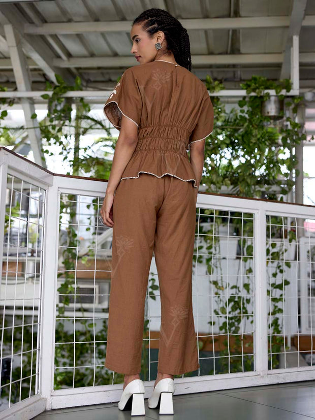 Brown Embroidered Cotton Co-Ord Set