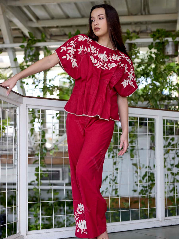 Red Embroidered Cotton Co-Ord Set